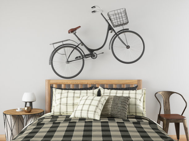 阁楼卧室与自行车和床图片下载