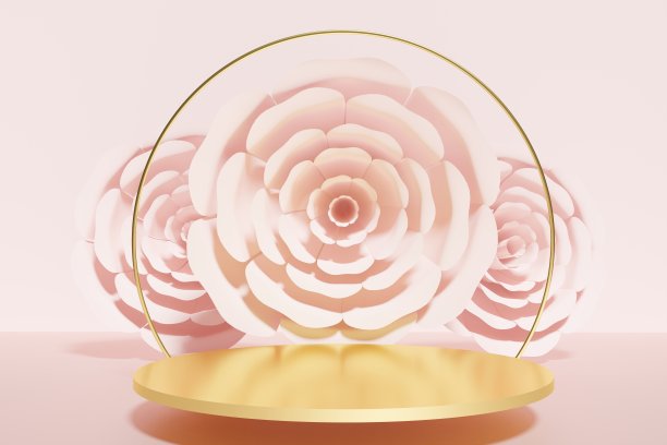 3d渲染美丽的粉红色花朵与一个金色的讲台和拱形戒指的情人图片下载