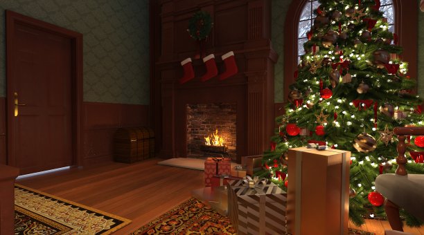 圣诞屋复古风格室内3d插图图片下载