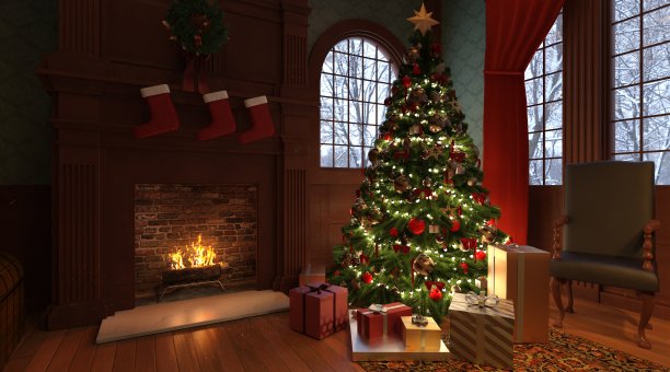 圣诞屋复古风格室内3d插图图片下载