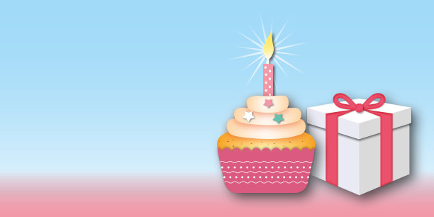 生日纸杯蛋糕，蜡烛和礼物的彩色背景。图片下载