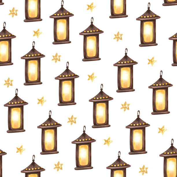 水彩圣诞节无缝模式与燃烧的蜡烛灯笼和金色的星星在白色的背景。图片下载