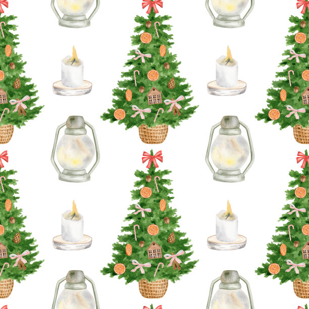 水彩圣诞节无缝模式。手绘装饰圣诞树，灯笼和燃烧的蜡烛孤立在白色的背景上。新年节庆反复设计为包装纸、纺织品。图片下载
