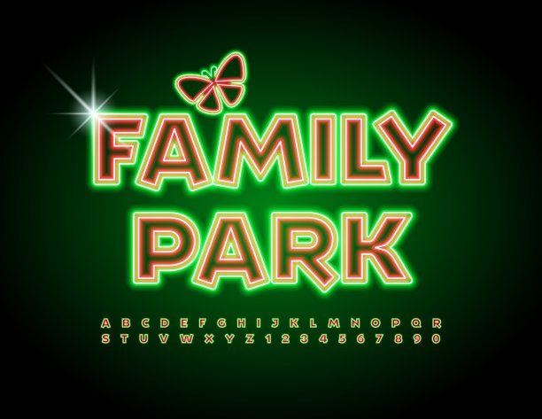 向量霓虹灯横幅家庭公园。发光的字母和数字设置图片下载