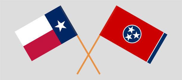 德克萨斯州和田纳西州的国旗交叉。官方色彩。正确的比例图片下载