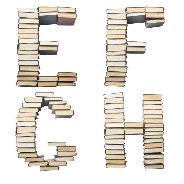 E F G H letter from books。字母被隔离在白色背景上。由书脊组成的字体图片下载