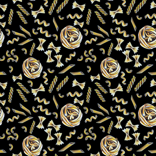 手绘无缝模式。黑色的意大利面背景。对于厨房、食品递送传单或餐厅菜单或纺织织物桌布、餐巾纸设计的伟大想法图片下载