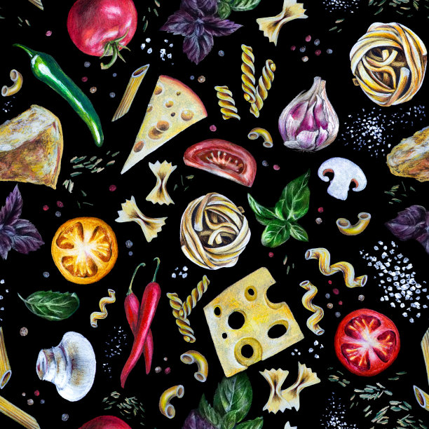 手绘无缝模式。意大利通心粉，配番茄，芝士，罗勒，香料。对于厨房、食品递送传单或餐厅菜单或纺织织物桌布、餐巾纸设计的伟大想法图片下载