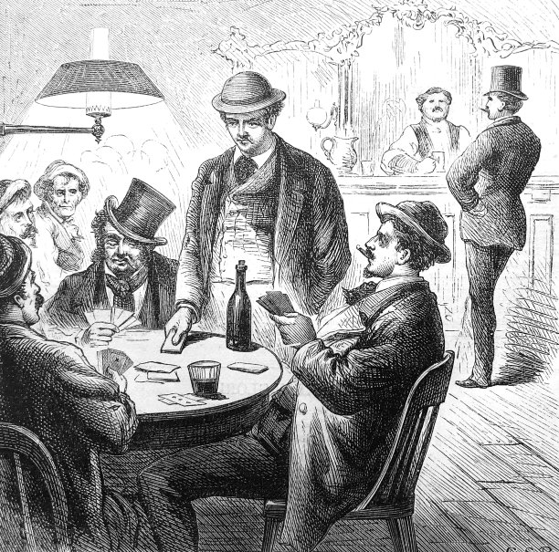 古董插图-哈泼杂志-男人在酒吧打牌图片下载
