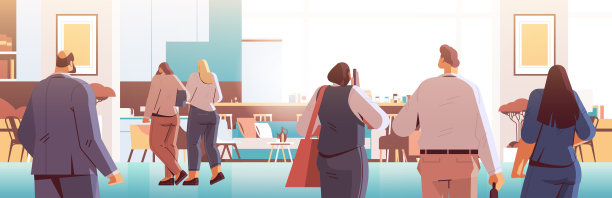 商务人员背对着摄像机站在办公室的商务人员群的背面图片下载