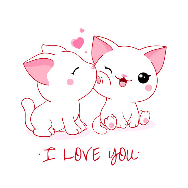 可爱的卡哇伊风格的情人节卡片。两只可爱的小猫，粉红色的大爱心图片下载