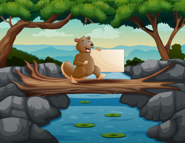 有趣的是一只海狸拿着空白的牌子在树干上走图片下载