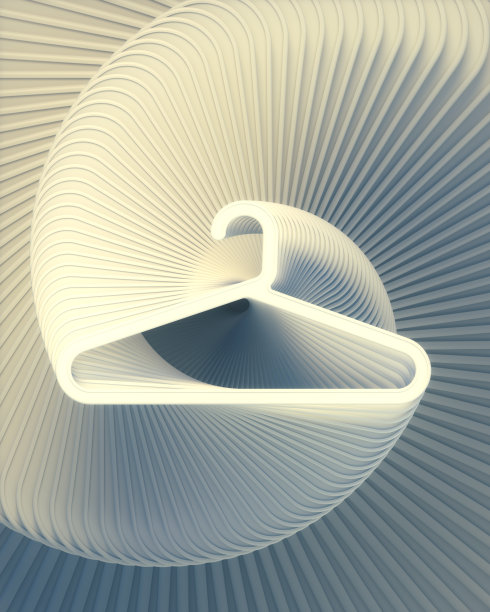许多白色衣架呈螺旋状。时尚的3d渲染数字插图素材图片