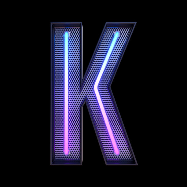 霓虹灯复古光字母K孤立在黑色背景剪贴路径。3d插图。图片下载