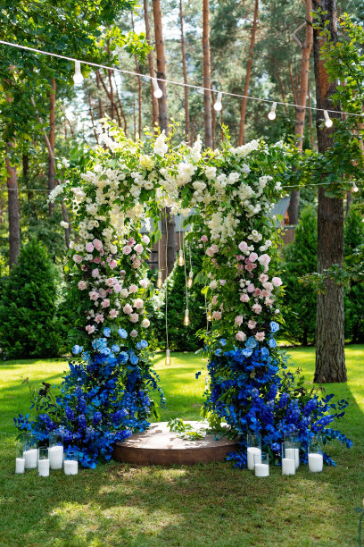 绿色草坪上的户外婚礼。用白色和蓝色的鲜花做成的婚礼拱门。软选择聚焦。图片下载