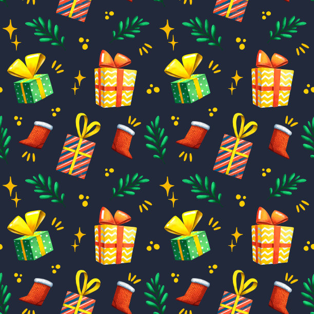 可爱的圣诞图案。礼品盒绿枝。无缝纹理。童话故事背景。儿童插图。卡通风格的艺术。纺织和织物装饰。新年快乐。图片下载