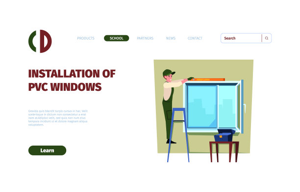 窗户安装着陆。塑料现代pvc窗框配透明玻璃艳丽矢量网页模板图片下载