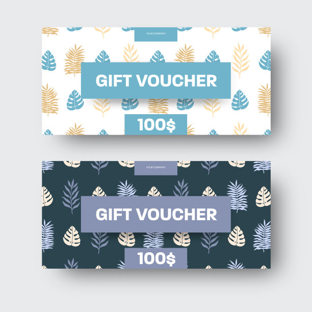 矢量礼券模板与地方在中心，热带曼斯特拉树叶，异国情调的树枝，在蓝色，紫色。图片下载