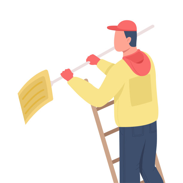 吸尘器用铲子在梯子上半平色矢量字符图片下载