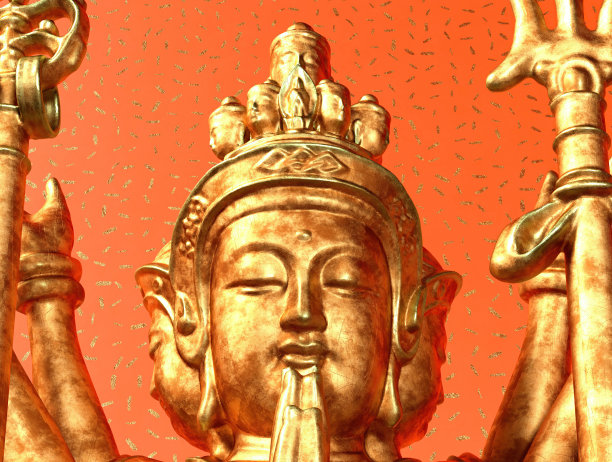 三维渲染金千菩萨观音在红色佛经背景中的中国神图片下载