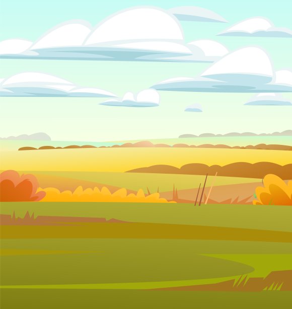 美丽的秋日田园风光。乡村的野生动物。村里有牧场和菜园。前景是一片空地。一年中的收获季节。黄色和橙色的场景。向量图片下载