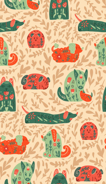 无缝的图案与风格化的狗与民间图案和自然装饰。向量动物纹理与部落波西米亚图案的各种小狗。图片下载