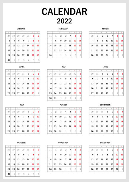 2022年日历计划。公司一周。模板布局，一年12个月，白色背景。简单的设计商业手册，传单，印刷媒体，广告。星期一开始上课图片下载