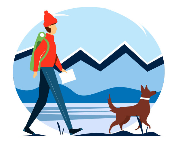 游客带着狗沿着山和森林散步。冬季积极度假的概念。平面风格的矢量插图。图片下载