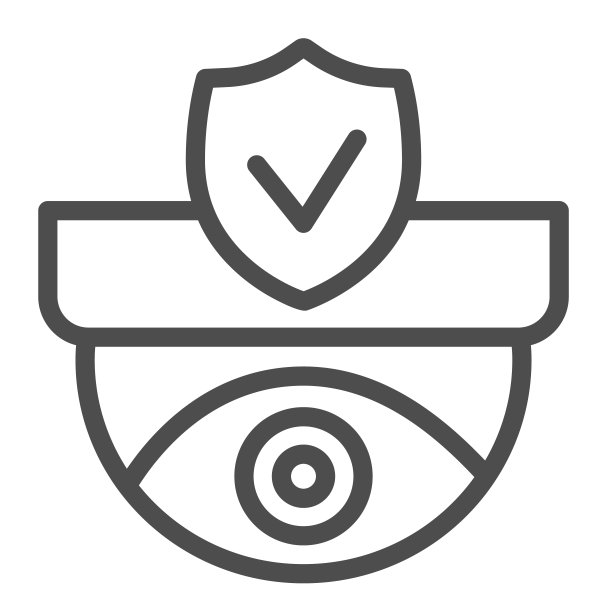 吊顶摄像头与保护标志，监控，盾线图标，监控概念，安全矢量标志在白色背景，轮廓风格图标的移动概念和网页设计。矢量图形。图片下载