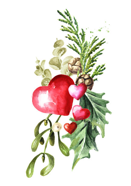 情人节冬季花束与心，贺卡概念，水彩手绘插图孤立在白色背景图片下载