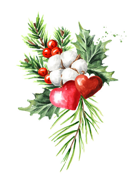 情人节冬季花束与心，贺卡概念，水彩手绘插图孤立在白色背景图片下载