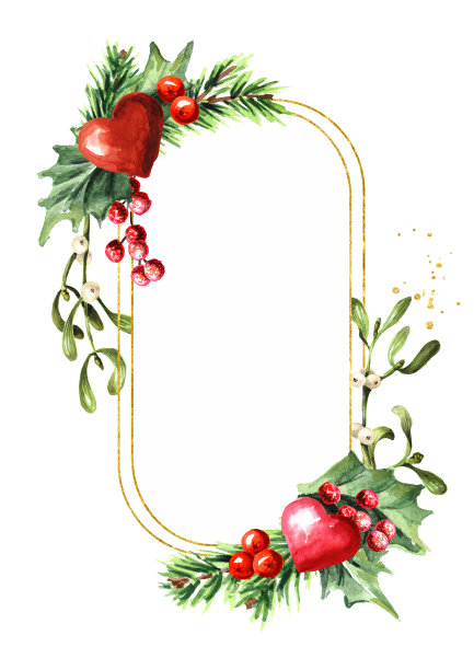 情人节冬季花束与心，贺卡概念，水彩手绘插图孤立在白色背景图片下载