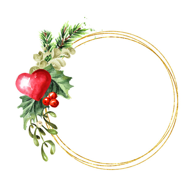 情人节冬季花束与心，贺卡概念，水彩手绘插图孤立在白色背景图片下载