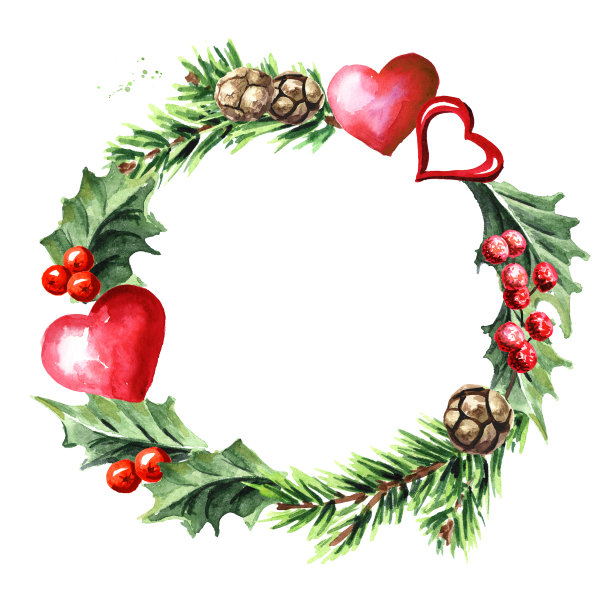 情人节冬季花束与心，贺卡概念，水彩手绘插图孤立在白色背景图片下载