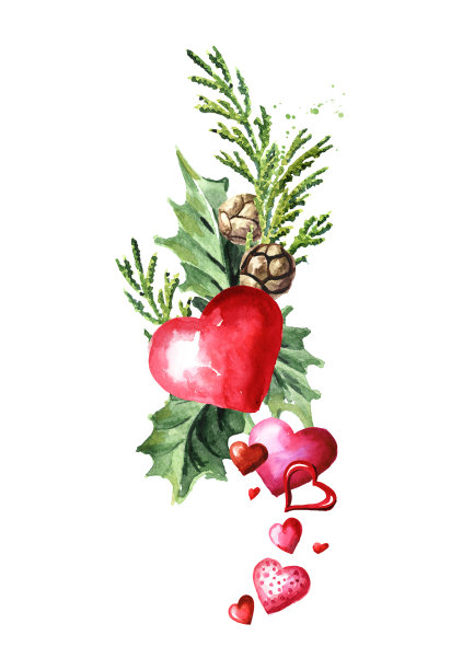 情人节冬季花束与心，贺卡概念，水彩手绘插图孤立在白色背景图片下载