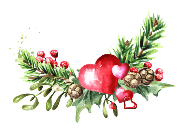 情人节冬季花束与心，贺卡概念，水彩手绘插图孤立在白色背景图片下载