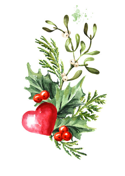 情人节冬季花束与心，贺卡概念，水彩手绘插图孤立在白色背景图片下载