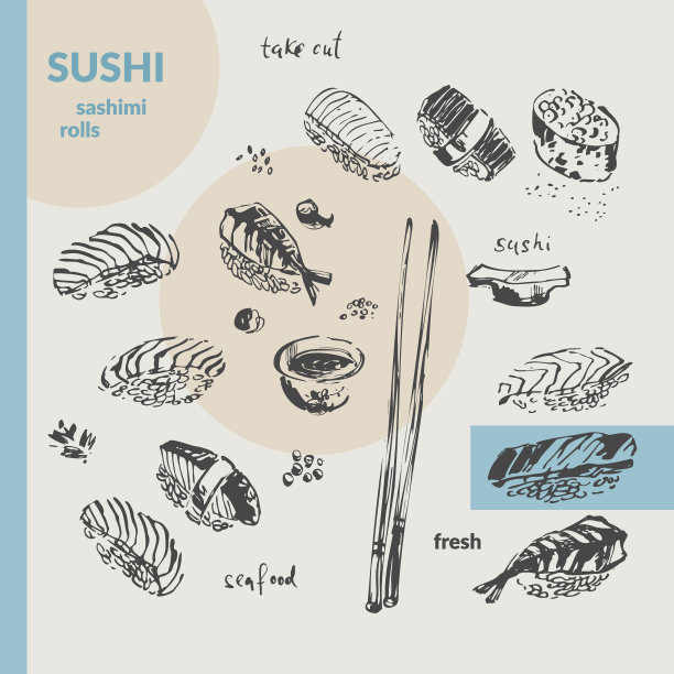 手绘水墨速写寿司，生鱼片，寿司卷，酱油，筷子图片下载