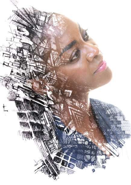 一幅结合抽象水墨画的女性肖像。图片下载