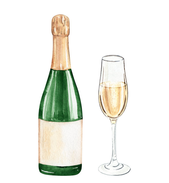 水彩香槟瓶和玻璃隔离在白色背景图片下载