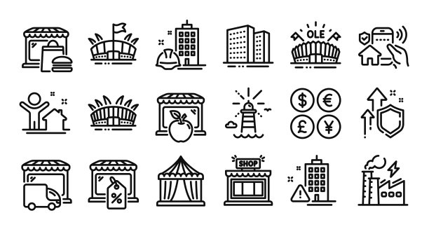 体育馆，商店和建筑建筑线图标设置。向量图片下载