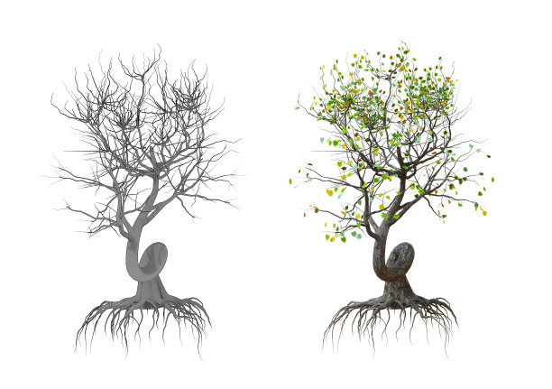 有根的弯曲的树。两种类型的黑白和3D渲染。图片下载