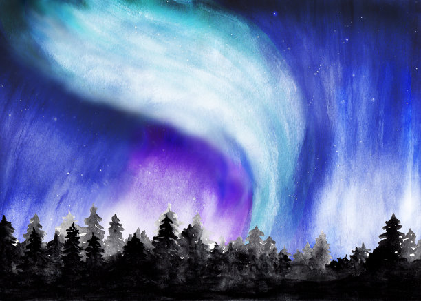 北极光水彩画图片下载