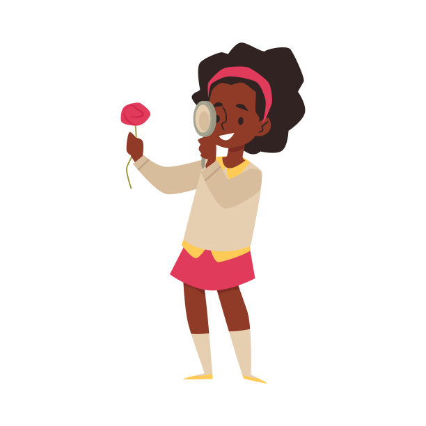 孩子探索自然和观察花卉矢量插图孤立。图片下载