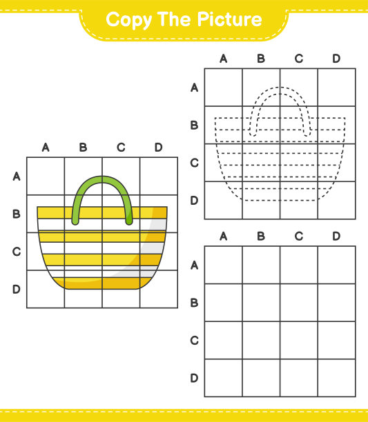 复制图片，复制图片的沙滩袋使用网格线。教育儿童游戏，可打印的工作表，矢量插图图片下载