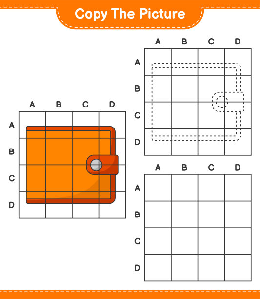 复制图片，使用网格线复制钱包图片。教育儿童游戏，可打印的工作表，矢量插图图片下载