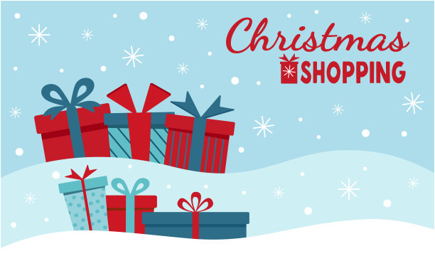 向量平面插图的圣诞节购物。新年贺卡横幅圣诞购物。圣诞礼物在雪地里。矢量插图的EPS10。图片下载