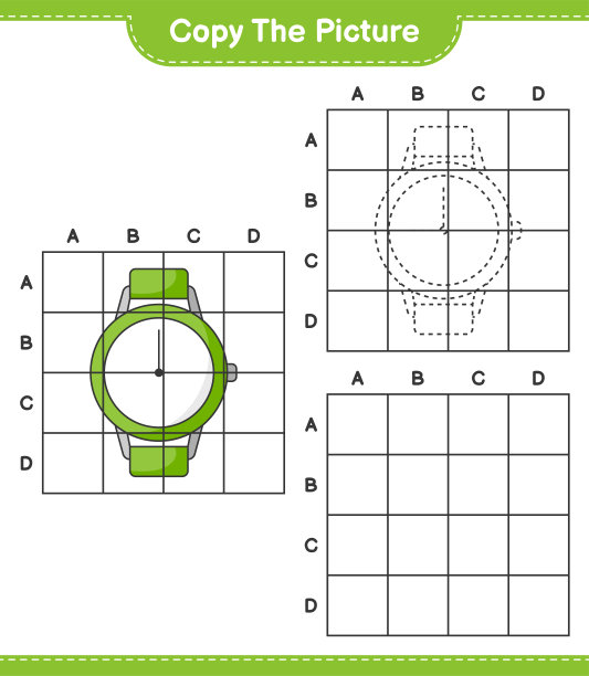 复制图片，使用网格线复制手表图片。教育儿童游戏，可打印的工作表，矢量插图图片下载