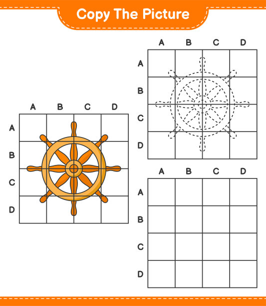 复制图片，复制图片的船舶方向盘使用网格线。教育儿童游戏，可打印的工作表，矢量插图图片下载