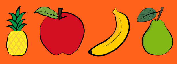 矢量插图的菠萝，苹果，香蕉和梨(Ananas comosus, Malus家蝇，Musa × paradisiaca，梨communis)与橙色背景。
为儿童读物画画。营养。图片下载